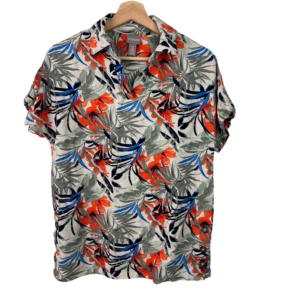 Chico's Linen Blend Fiesta Palms Short Sleeve Popover Top‎ Size 0 (U.S. Small)